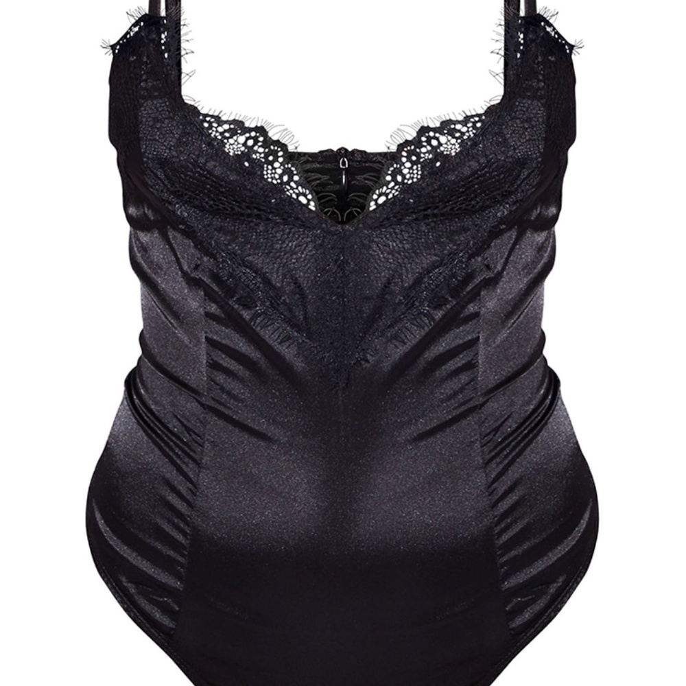BLACK EYELASH LACE TRIM THONG BODYSUIT